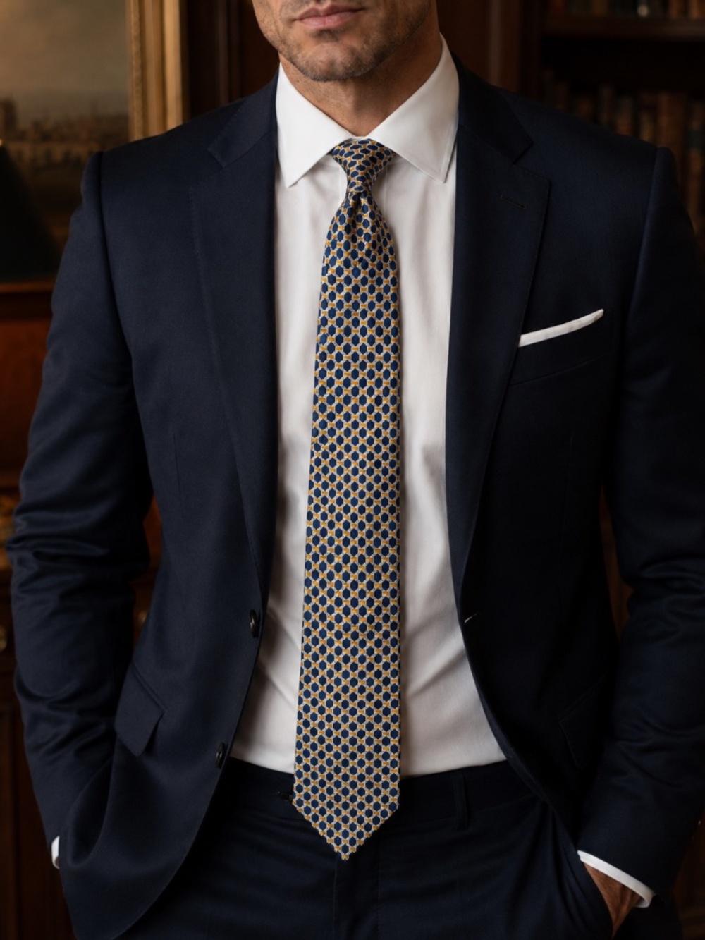 Versace Blue Gold Silk Tie Geometric Medallion Print